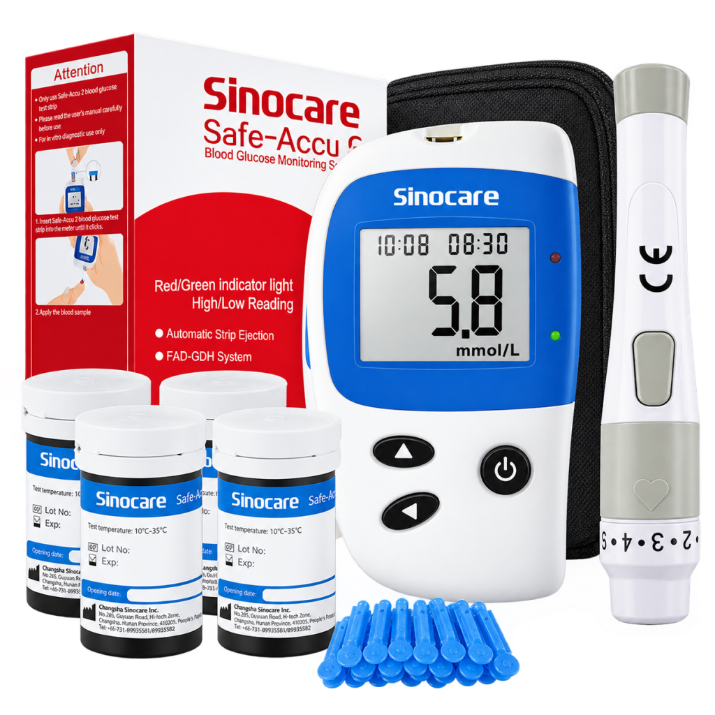 Sinocare Safe-Accu2 Blood Glucose Meter, complete set with 100 strips